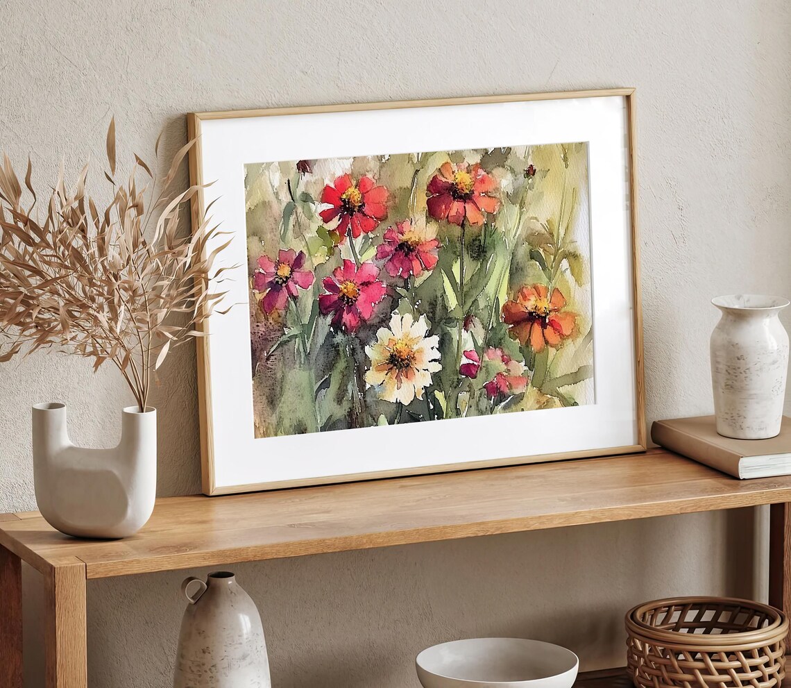 Zinnia Watercolor Floral Art Print, Botanical Poster - Image 3