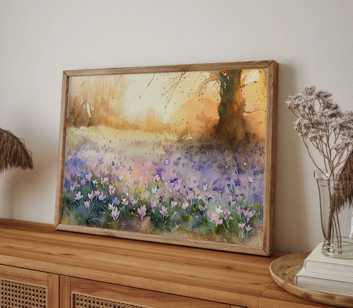 Spring Crocus Field Purple Bloom Watercolor Floral Meadow Poster - Image 3