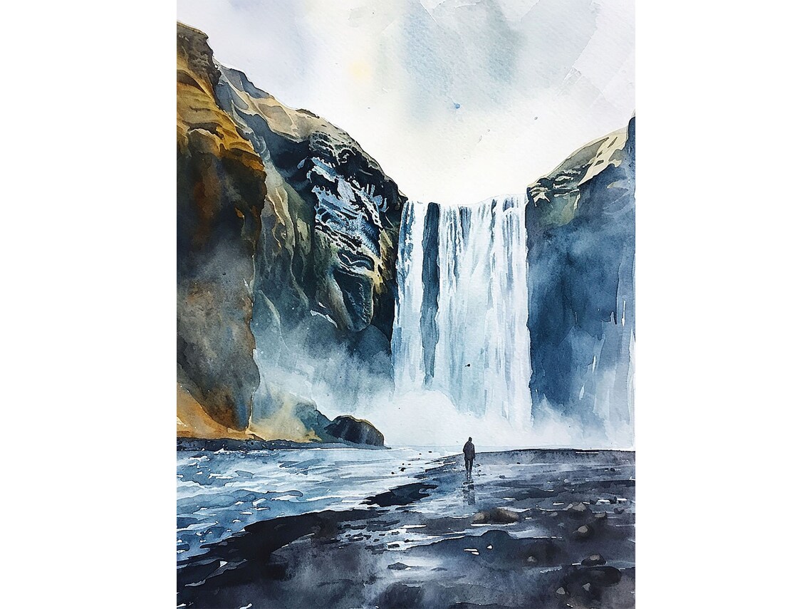 Skogafoss Waterfall Watercolor Art Print, Icelandic Landscape