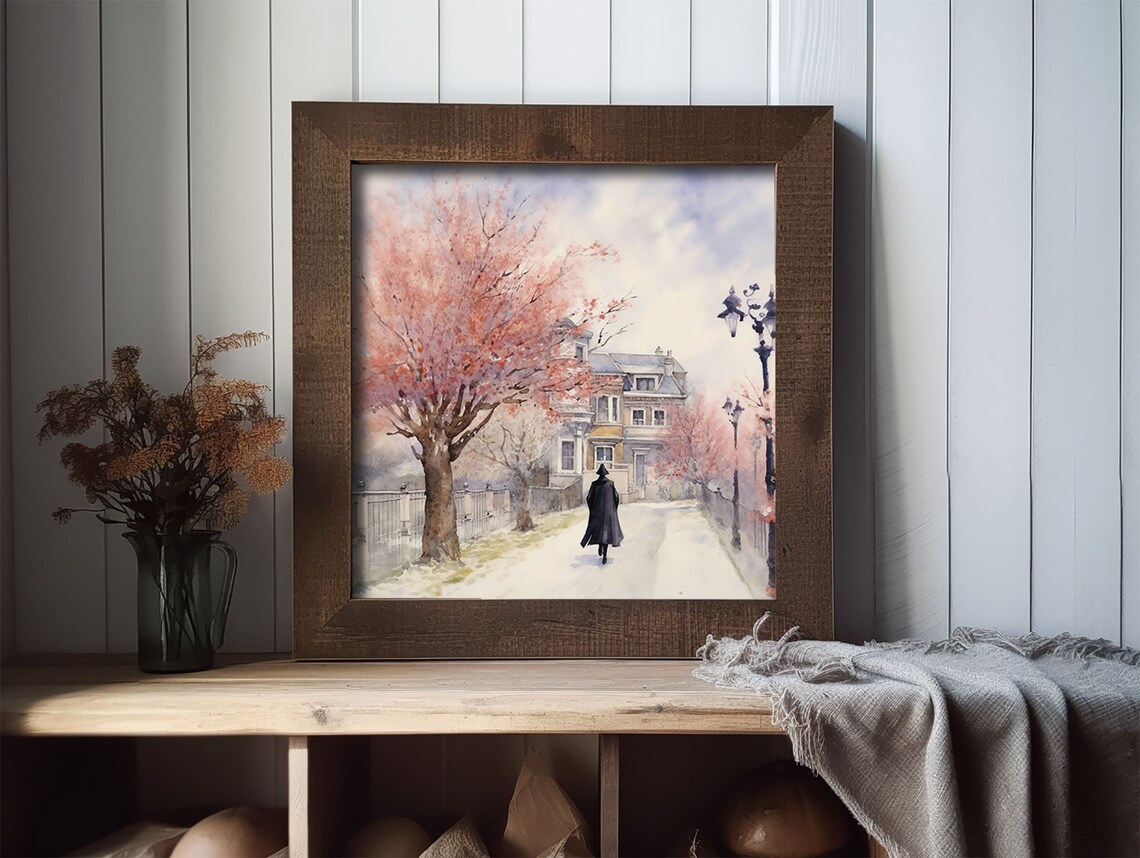 Cherry Blossom Lined Street with Elegant Old Town Houses Poster - Image 2