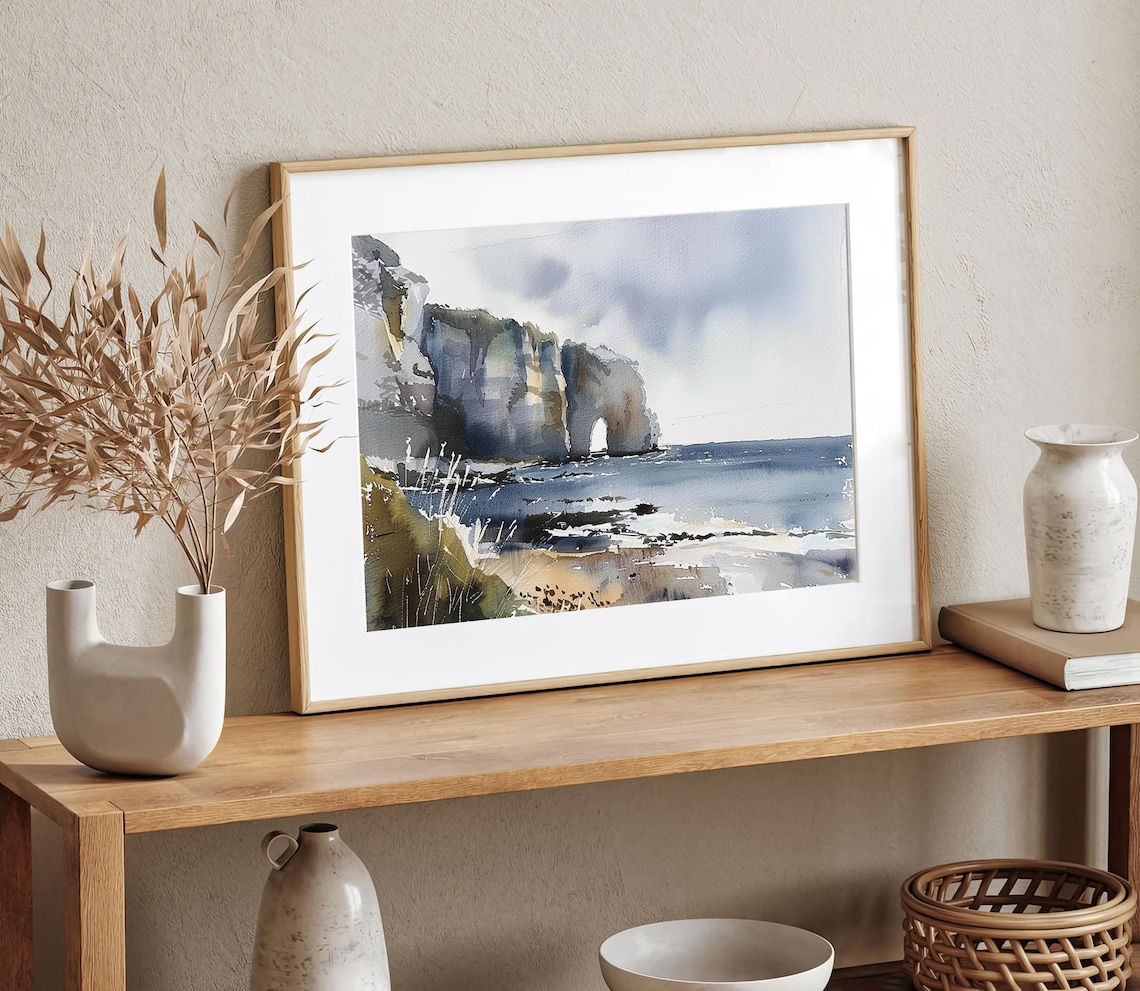 Normandy Painting Etretat Cliffs Watercolor Art Print France Coastal Landscape Wall Art Travel Poster Beach Painting Seascape Artwork - Image 3