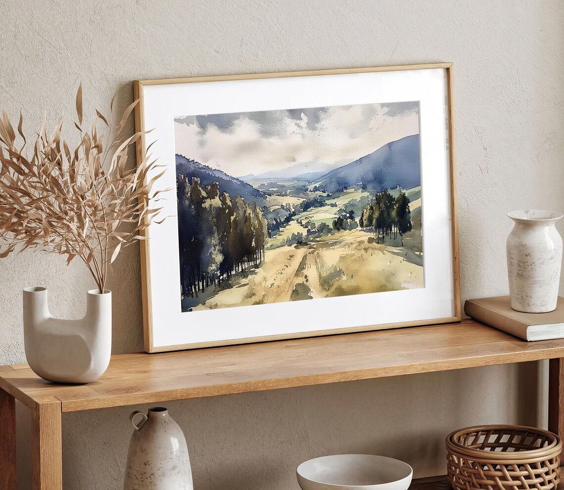 Green Valley Rolling Hills Cloudy Sky Watercolor Landscape Poster - Image 2