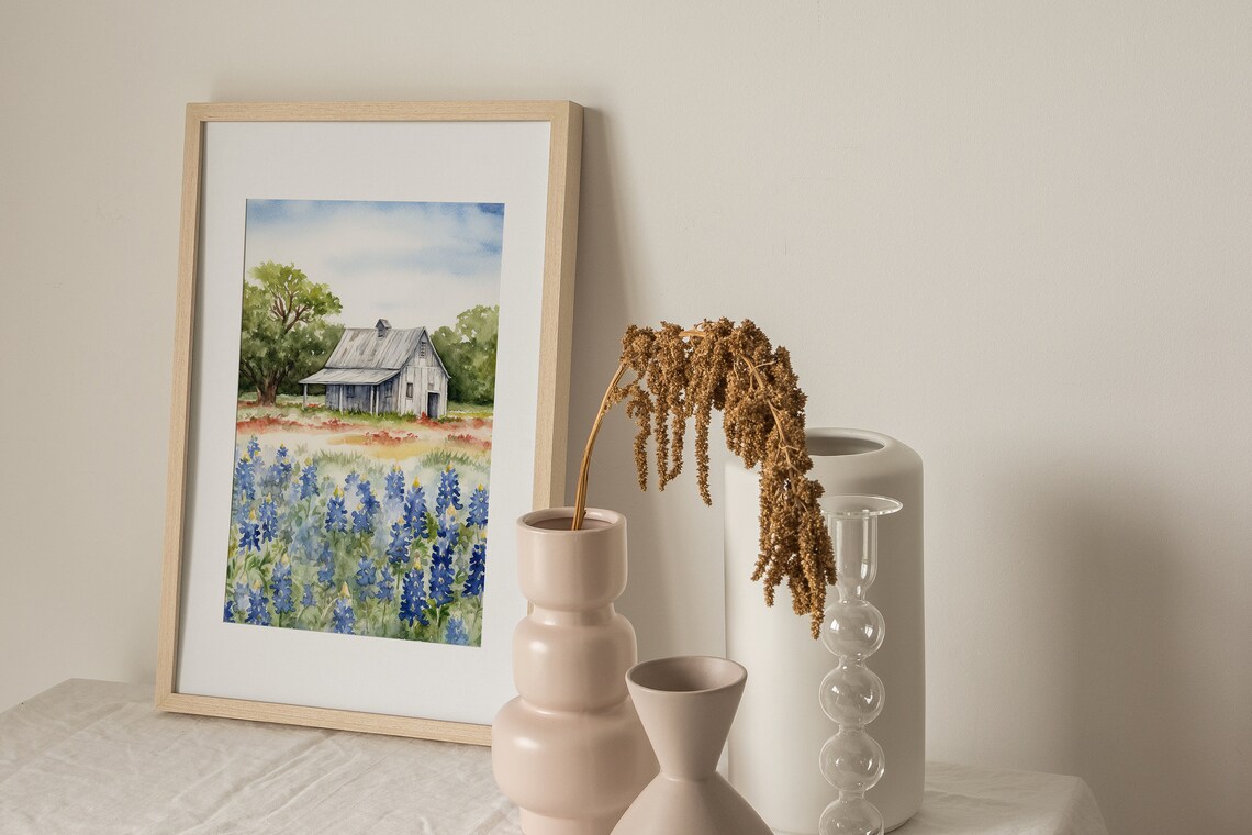 Bluebonnets Painting Rustic Farm Landscape Art Print - Image 4