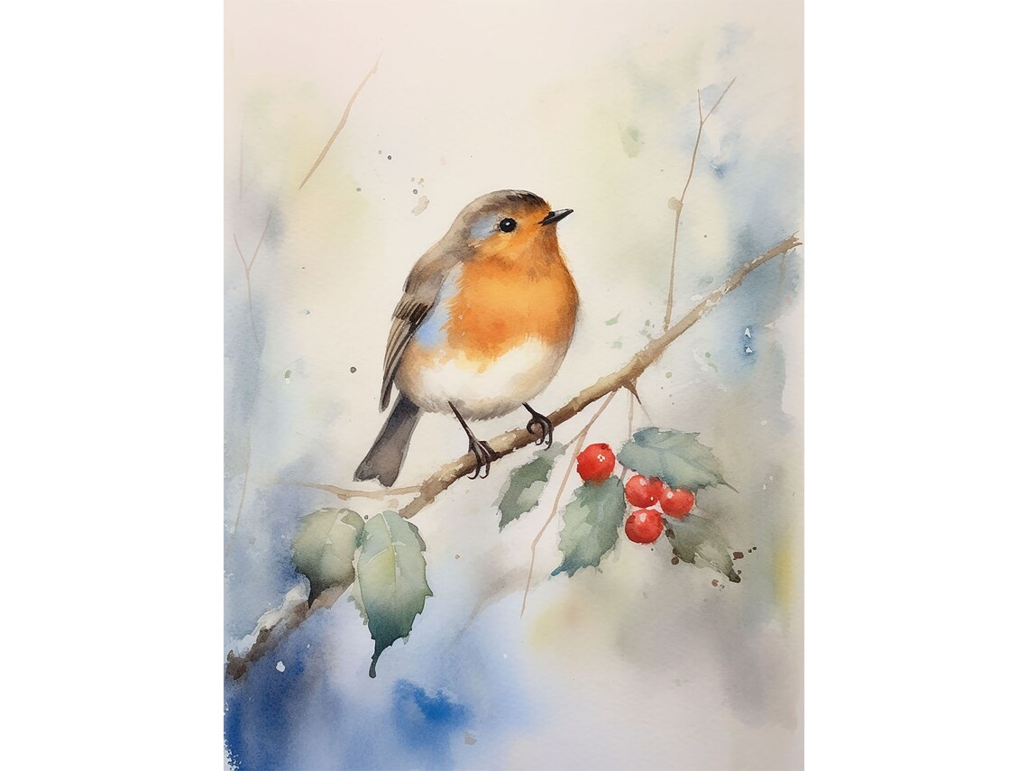 Robin Watercolor Bird Print, Farmhouse Wall Decor
