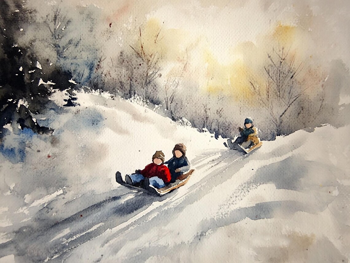 Christmas Children Sledding Winter Forest Watercolor Art Print