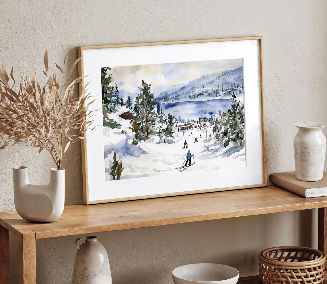 Skiers Gliding Down a Snowy Mountain Resort Slope Watercolor Poster - Image 2