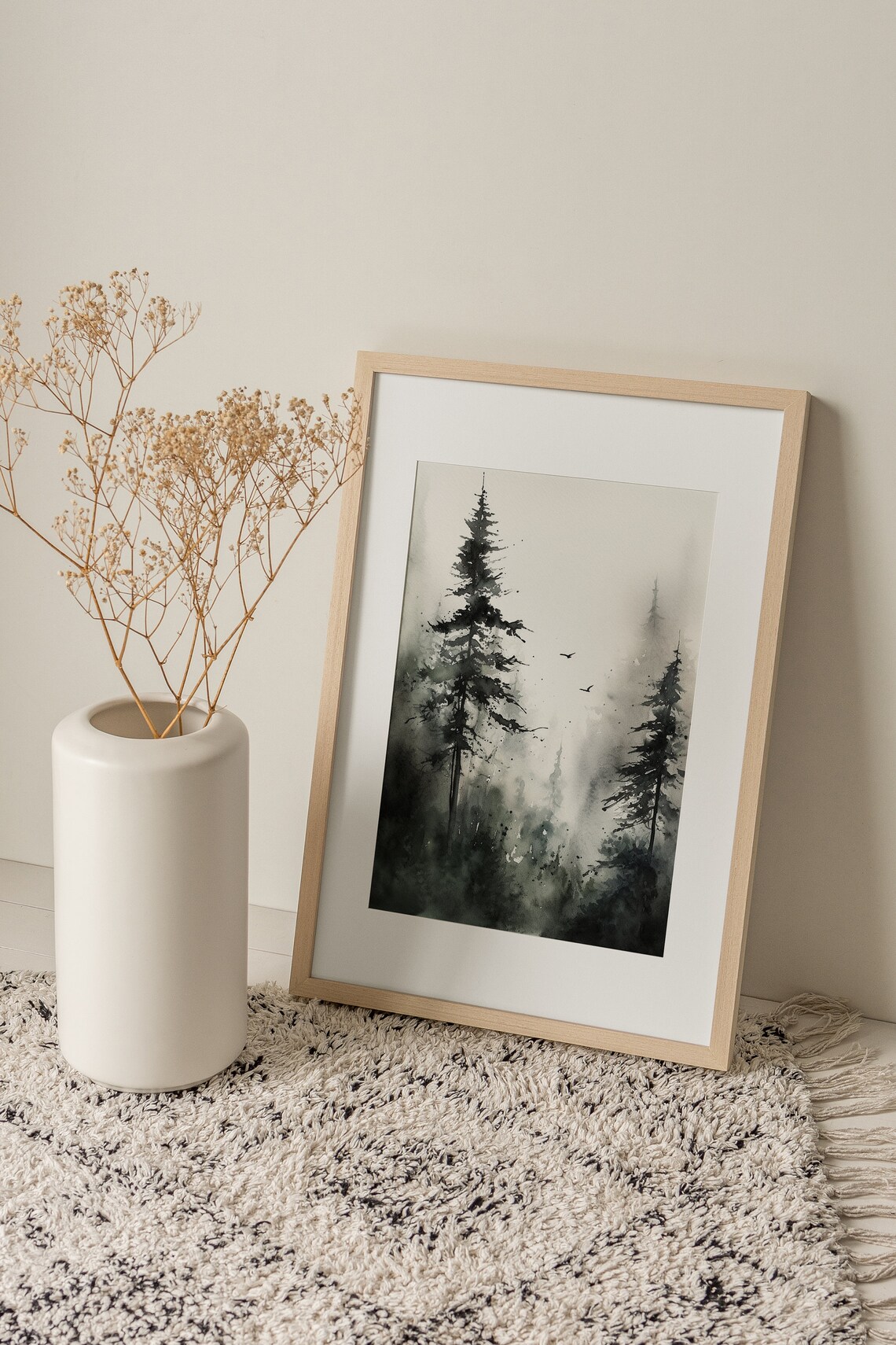 Tall Pines Emerging from Dense Fog in Black Ink Wash Painting Poster - Image 2