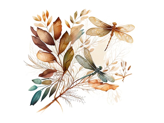 Dragonfly Watercolor Poster, Rustic Botanical Decor