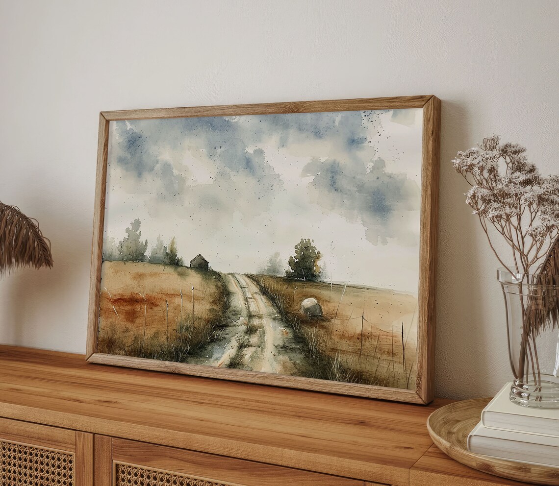 Country Road Painting, Rustic Barn Watercolor Art Print - Image 3