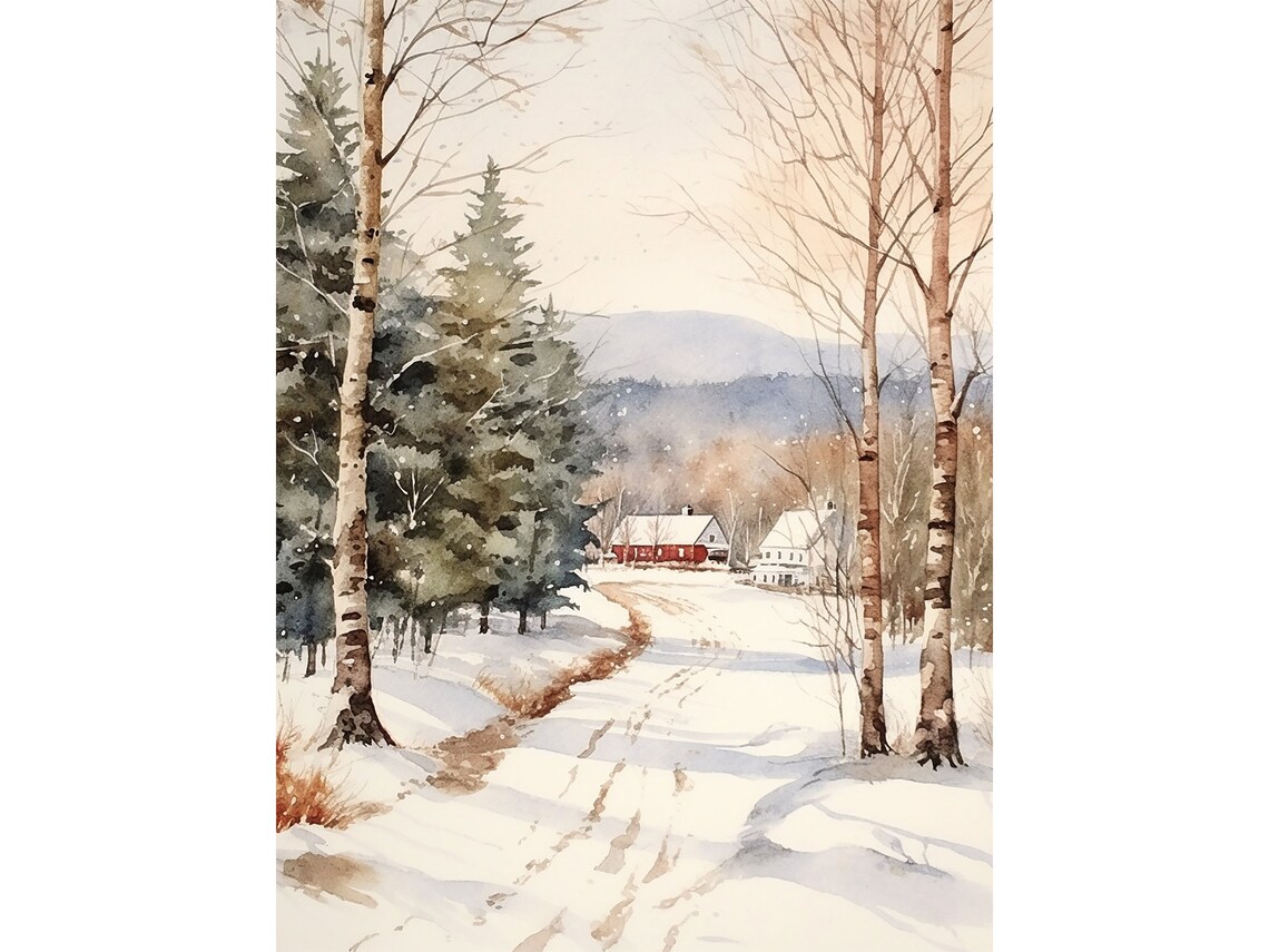 New England Winter Scene Watercolor Farm Landscape