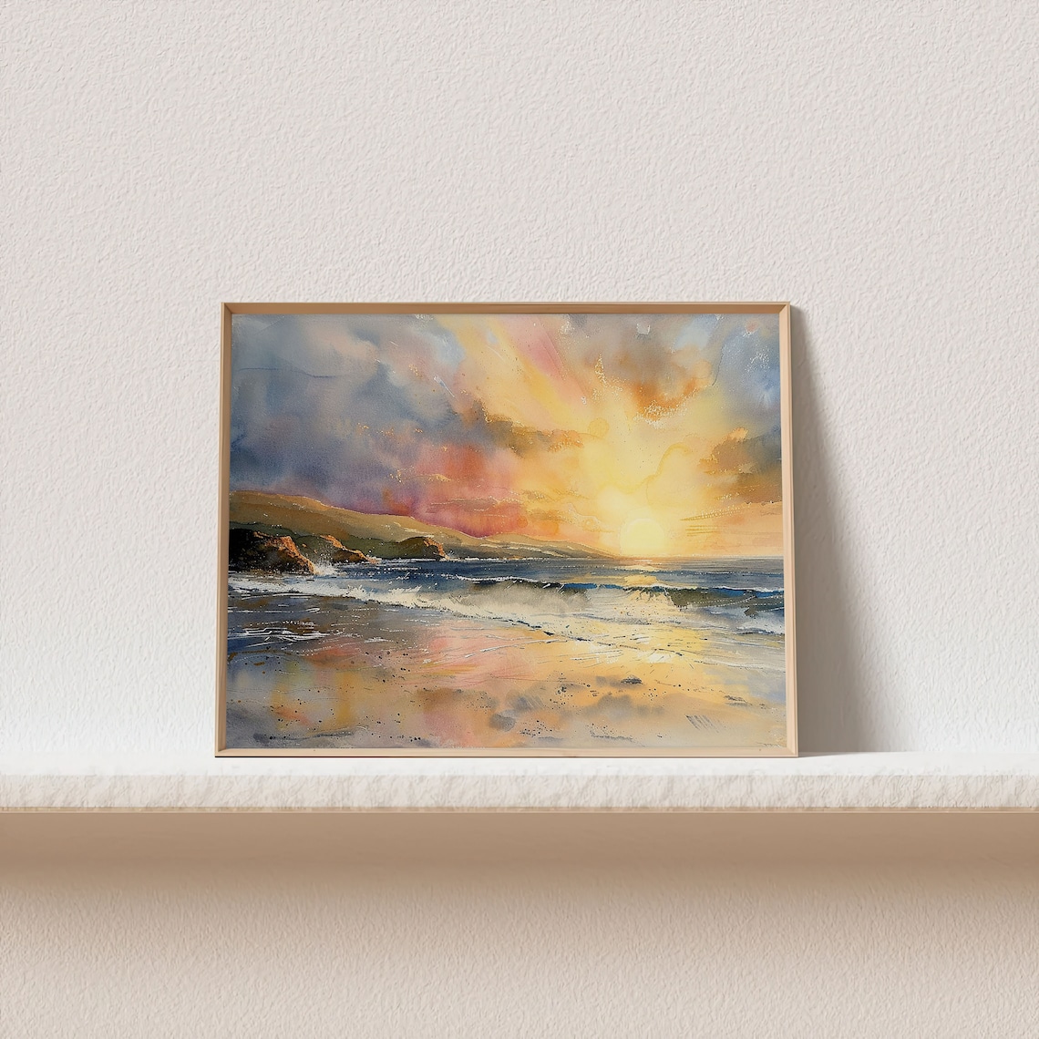 Sunset On Beach Watercolor Art Print, Seascape - Image 2