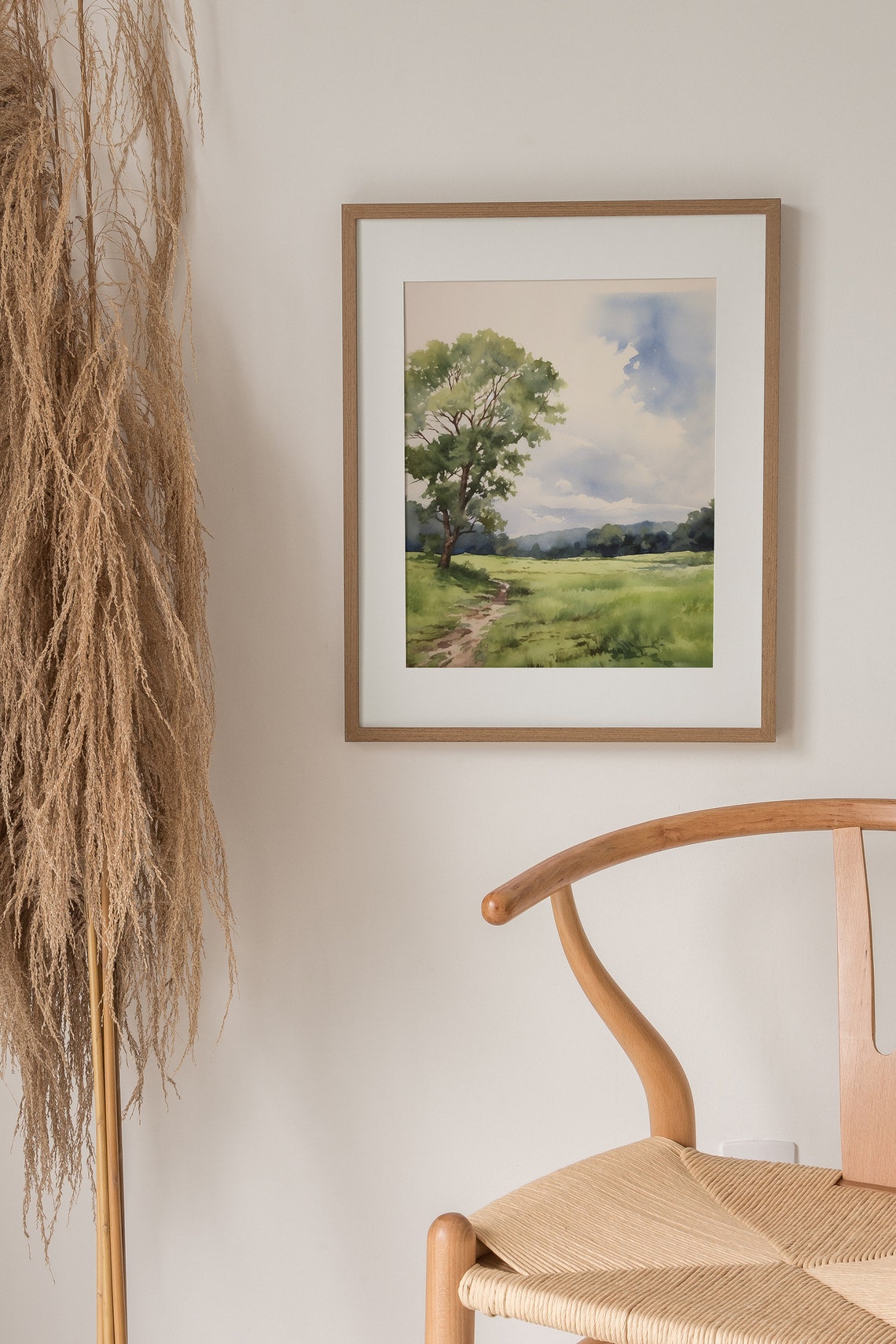 Lone Oak Tree Green Field Summer Watercolor Countryside Poster - Image 2