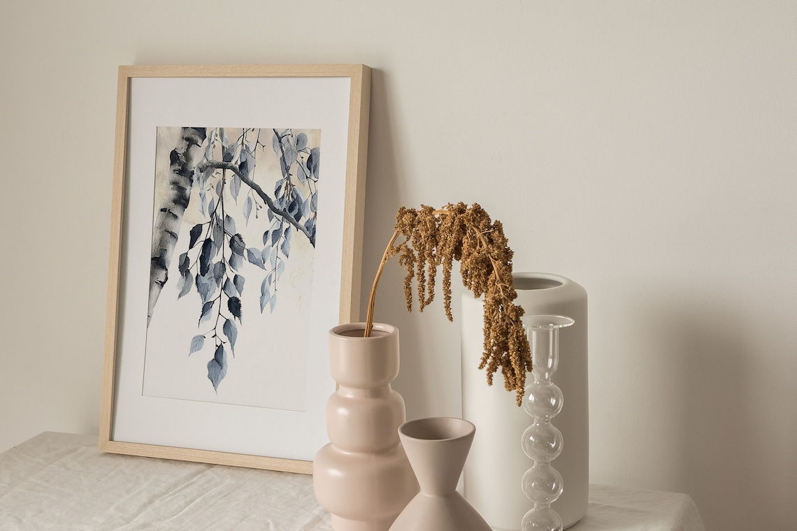 Birch Tree Blue Gray Leaves Minimalist Watercolor Nature Poster - Image 3
