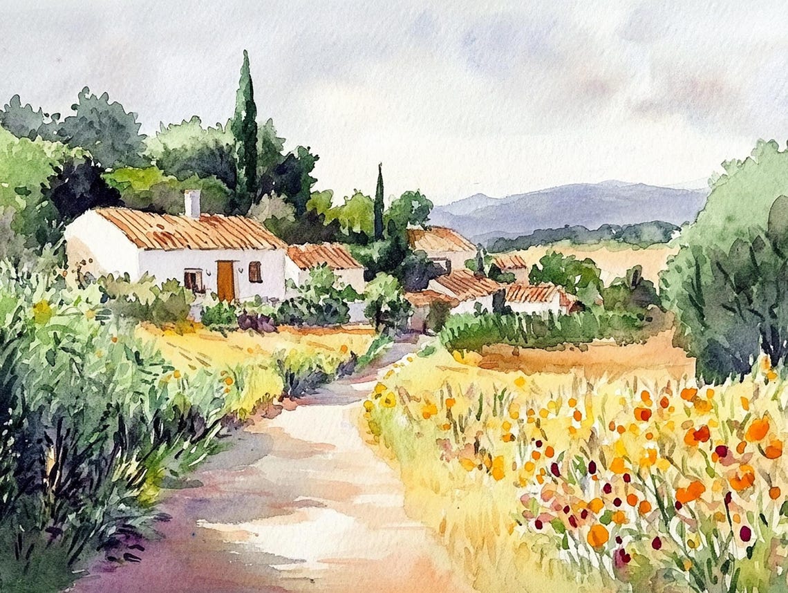 Soutomaior Painting Spanish Countryside Watercolor Art Print Spain Wall Art Camino Hiking Print Yellow Field Art Travel Poster