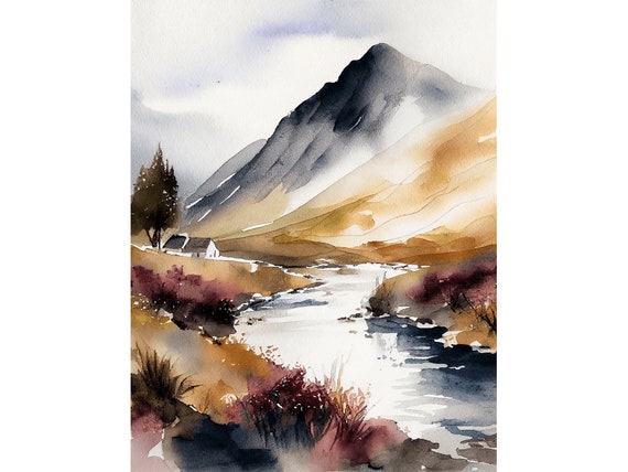 Scotland Watercolor Art Print, Glen Coe Highlands
