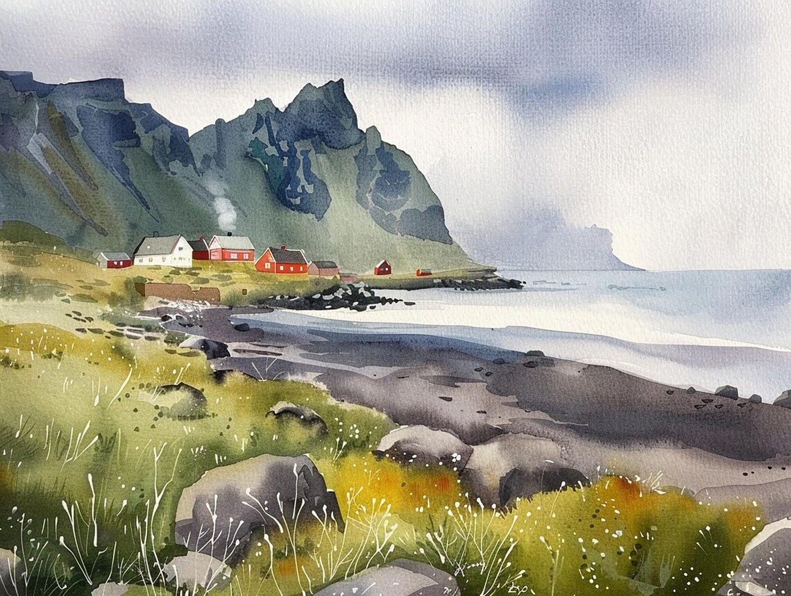 Town of Vik Watercolor Art Print, Iceland Travel Poster