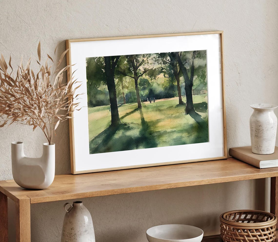Sunlit Park Trees Dappled Light Green Forest Watercolor Poster - Image 2