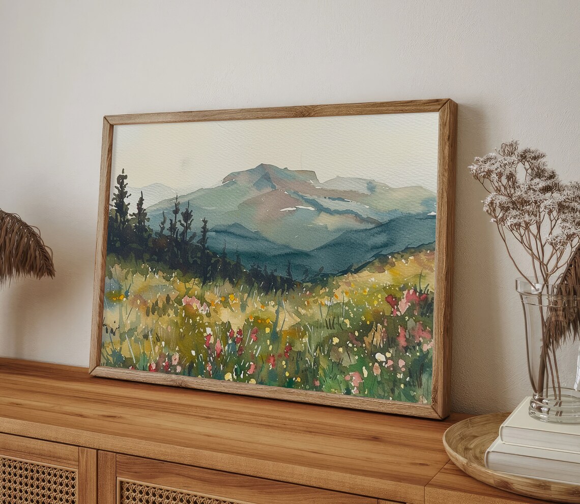 Alpine Wildflower Meadow with Layered Mountain Peaks Watercolor Poster - Image 5