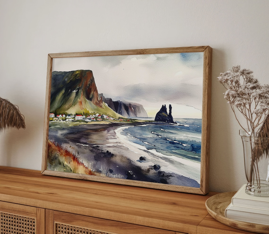 Town of Vik Iceland Watercolor Travel Poster - Image 5