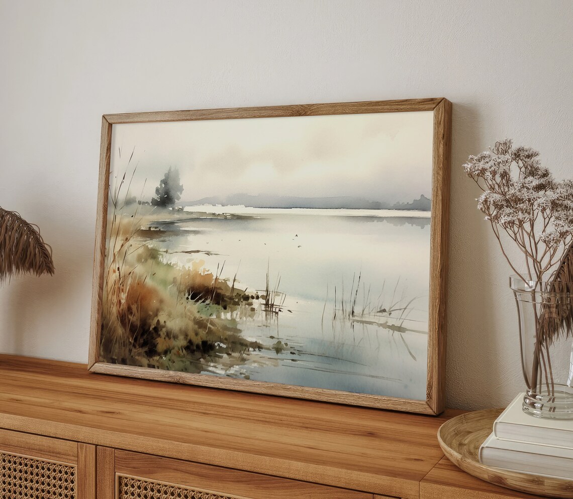 Sunset Lake Watercolor Abstract Landscape Art Print - Image 2