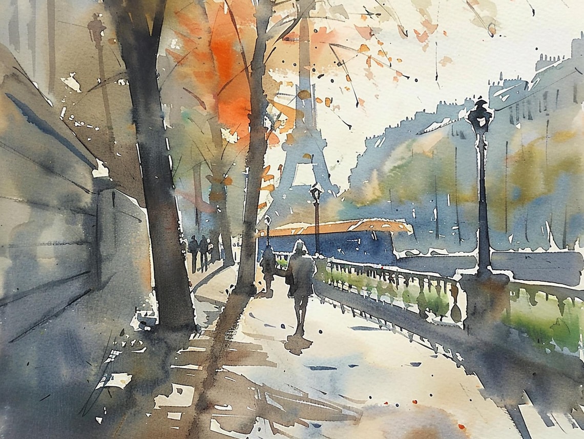 Paris Watercolor Art Print, Eiffel Tower Cityscape