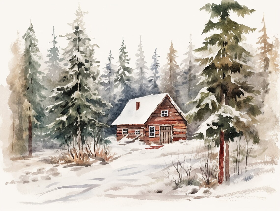 Winter Cabin Snow Scene Watercolor Art Print
