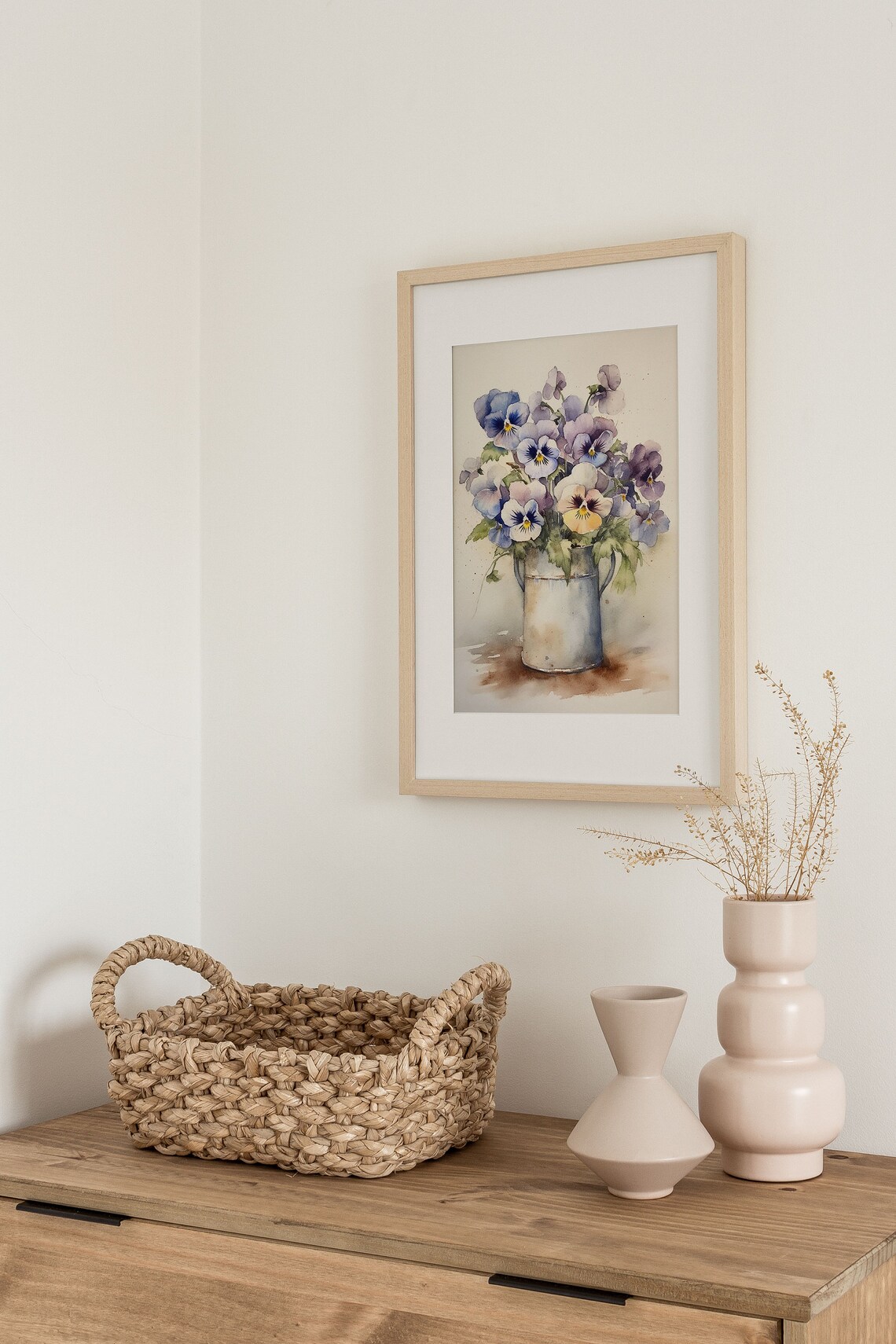 Pansy and Violets in Enamel Pot, Watercolor Art Print - Image 3