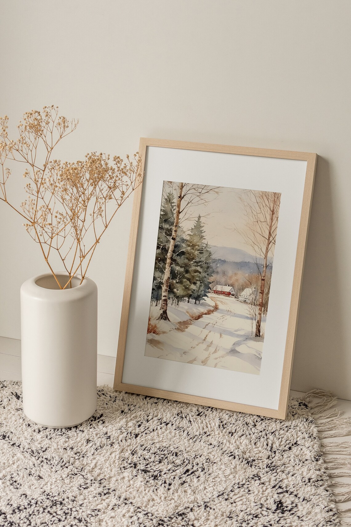 New England Winter Scene Watercolor Farm Landscape - Image 5
