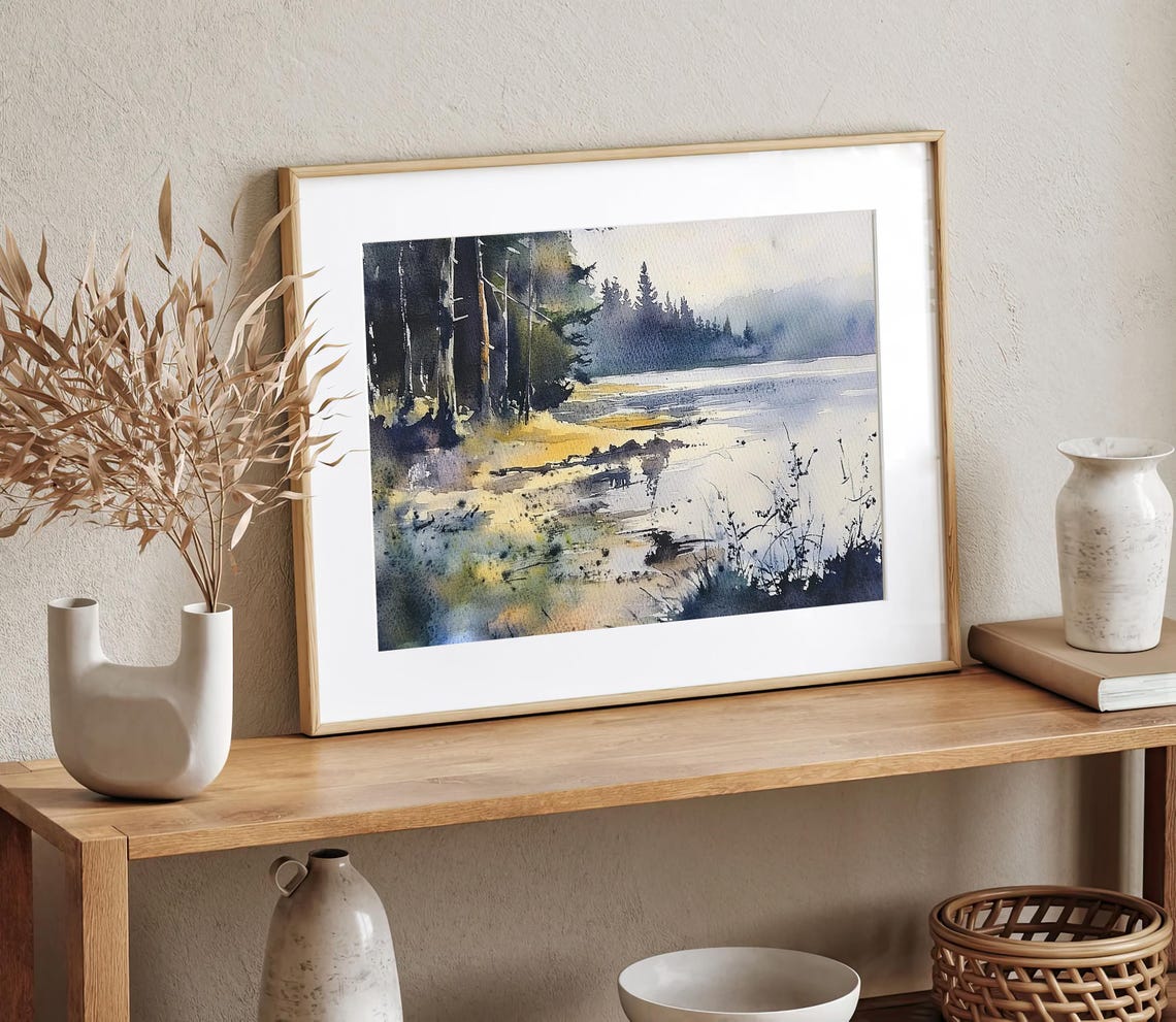 Misty Forest Shore Along a Still Mountain Lake Watercolor Poster - Image 2