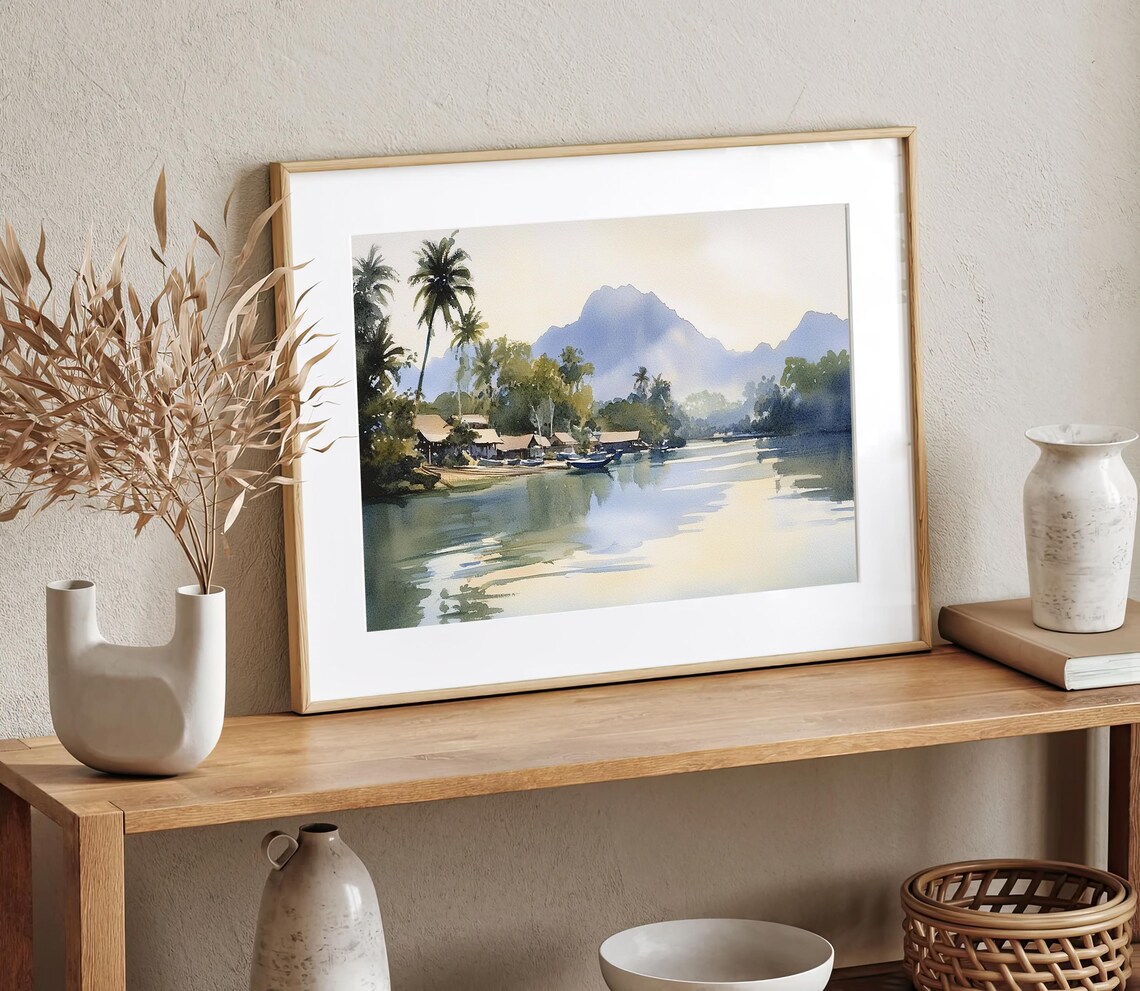 Tropical Riverside Village Palm Boats Mountain Watercolor Poster - Image 2