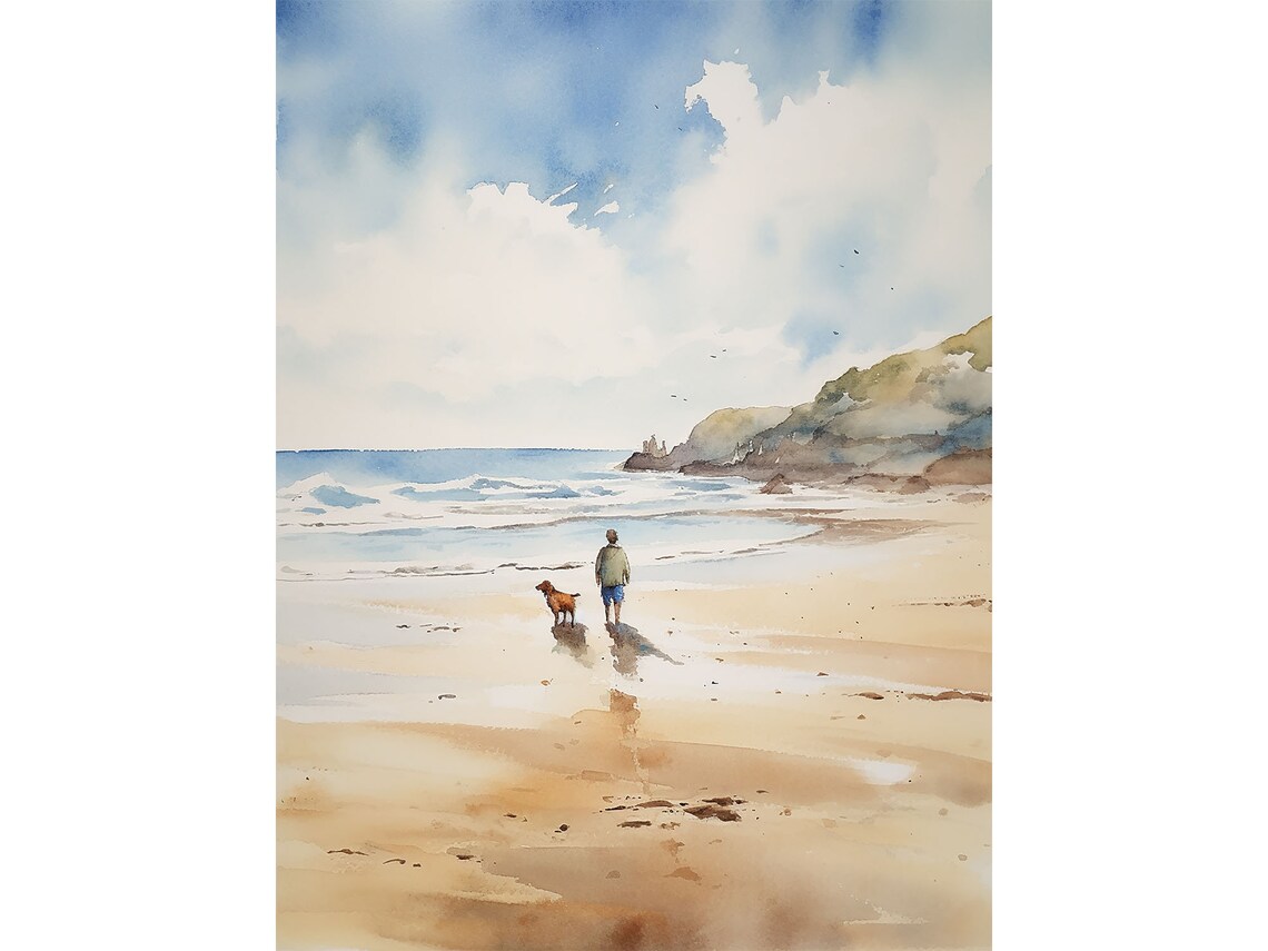 Cornwall Beach Walk Watercolor Art Print, Seascape
