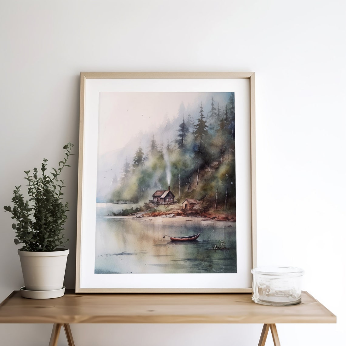 Misty Morning Lakeside Cabin Pine Forest Canoe Watercolor Poster - Image 3