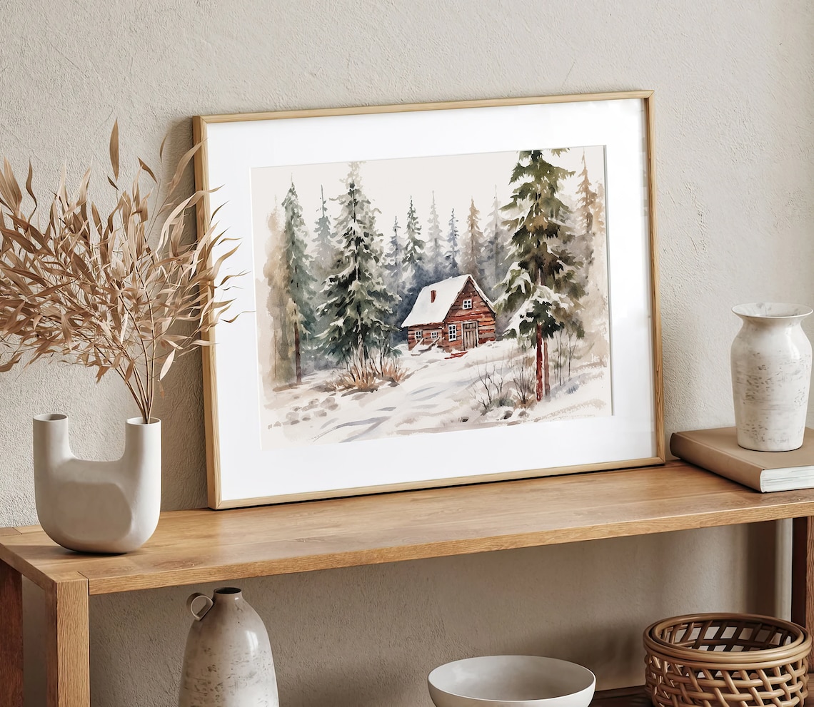 Winter Cabin Snow Scene Watercolor Art Print - Image 3