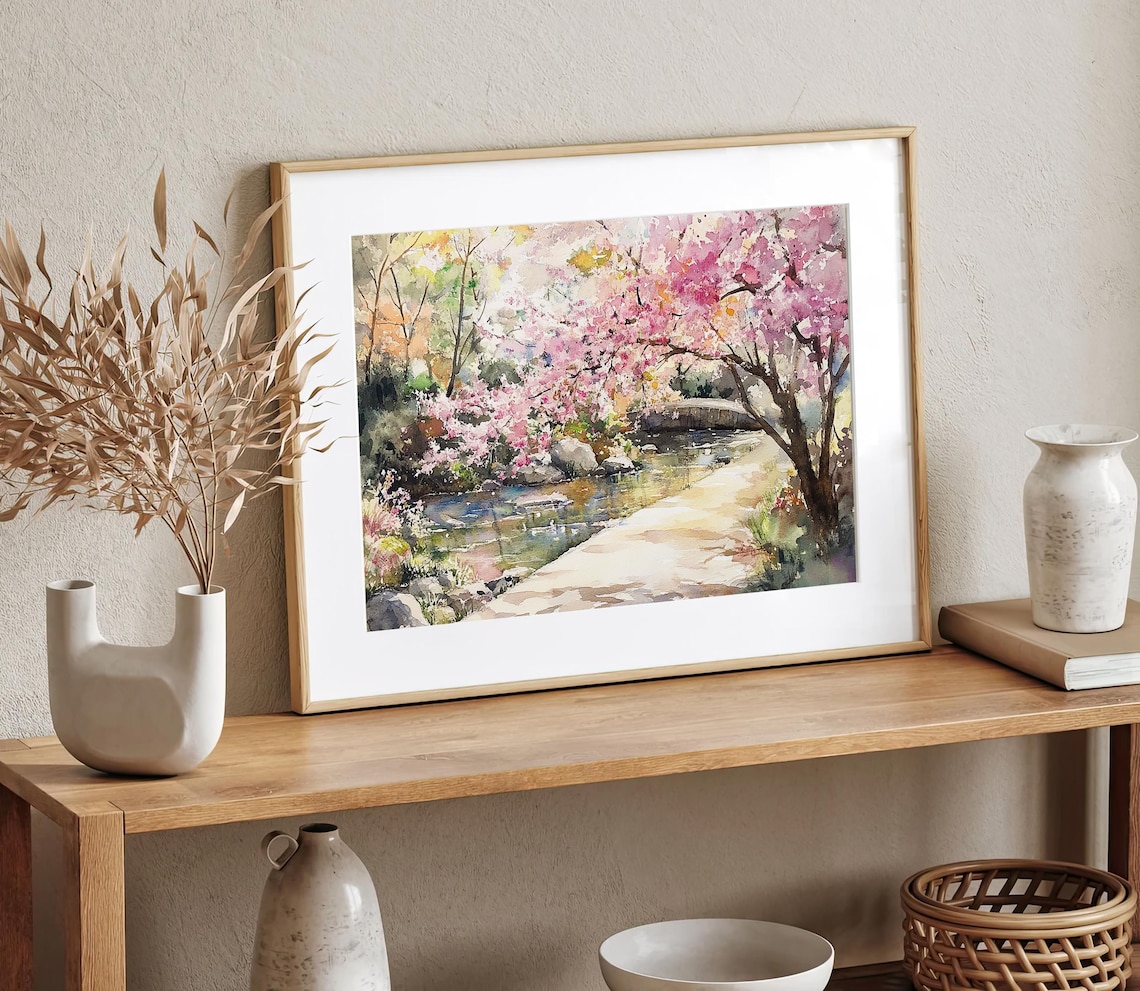Kyoto Cherry Blossom Landscape Watercolor Art Print - Image 2