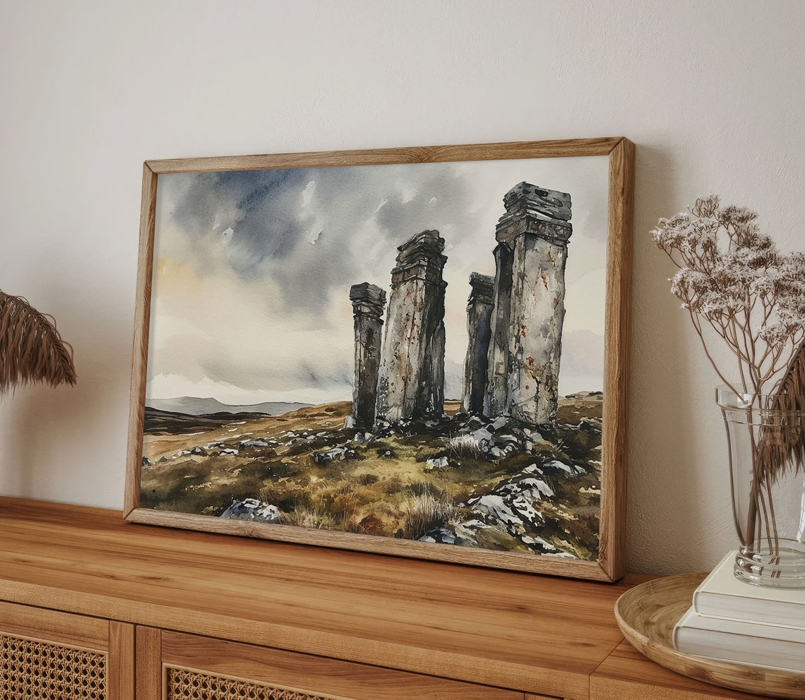 Ancient Stone Pillars Moor Ruins Dramatic Sky Watercolor Poster - Image 5