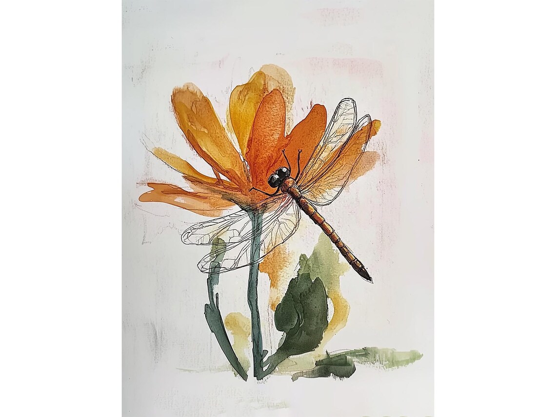 Dragonfly Watercolor Wildflower Meadow Art Print