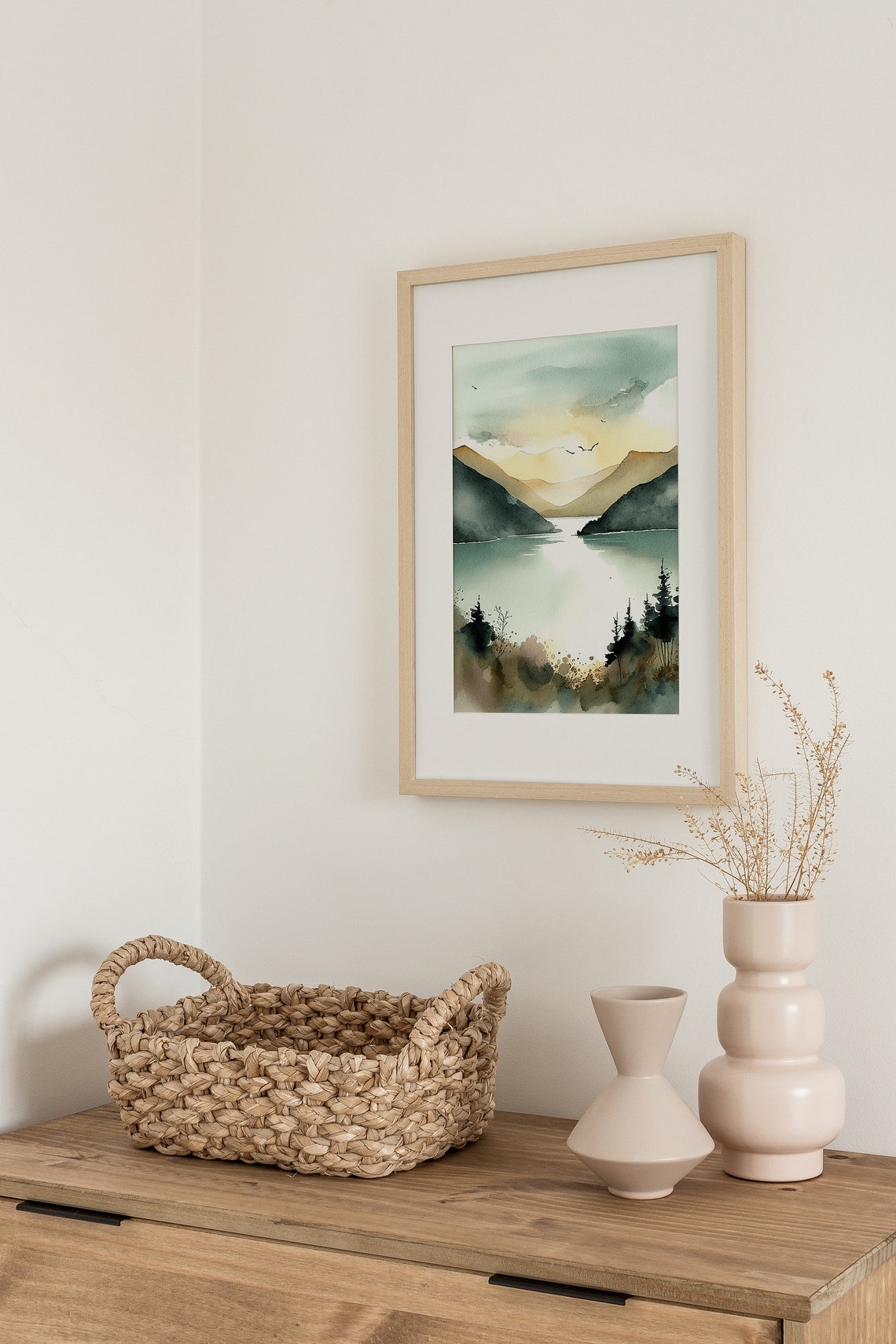 Peaceful Sunrise Over Mountain Lake Mist Watercolor Nature Poster - Image 5