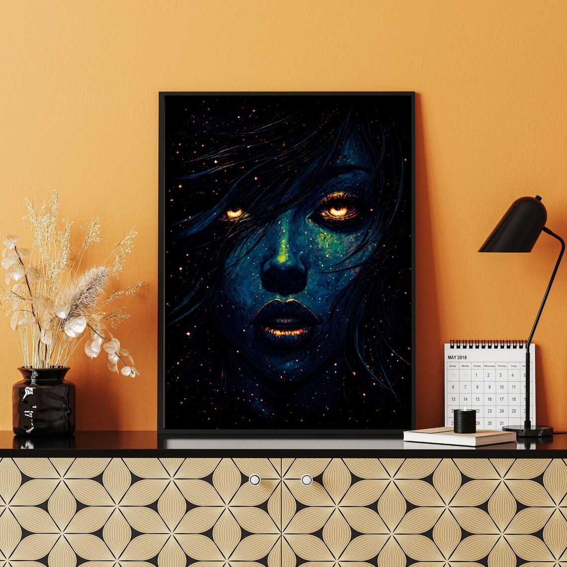 Celestial Blue Galaxy Woman Portrait With Glowing Amber Eyes Cosmic Art - Image 2