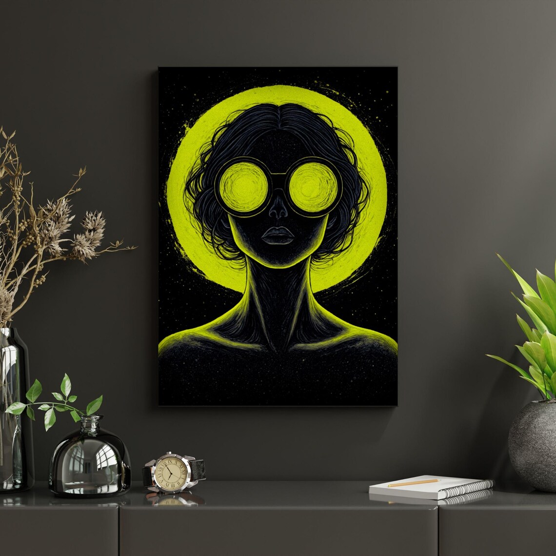 Surreal Steampunk Female Portrait Neon Yellow Halo Round Goggles Print - Image 4