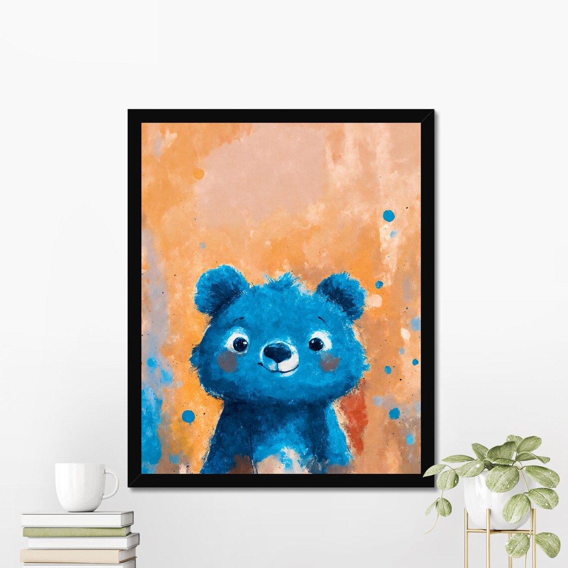 Cute Blue Teddy Bear Portrait Orange Background Kids Room Poster