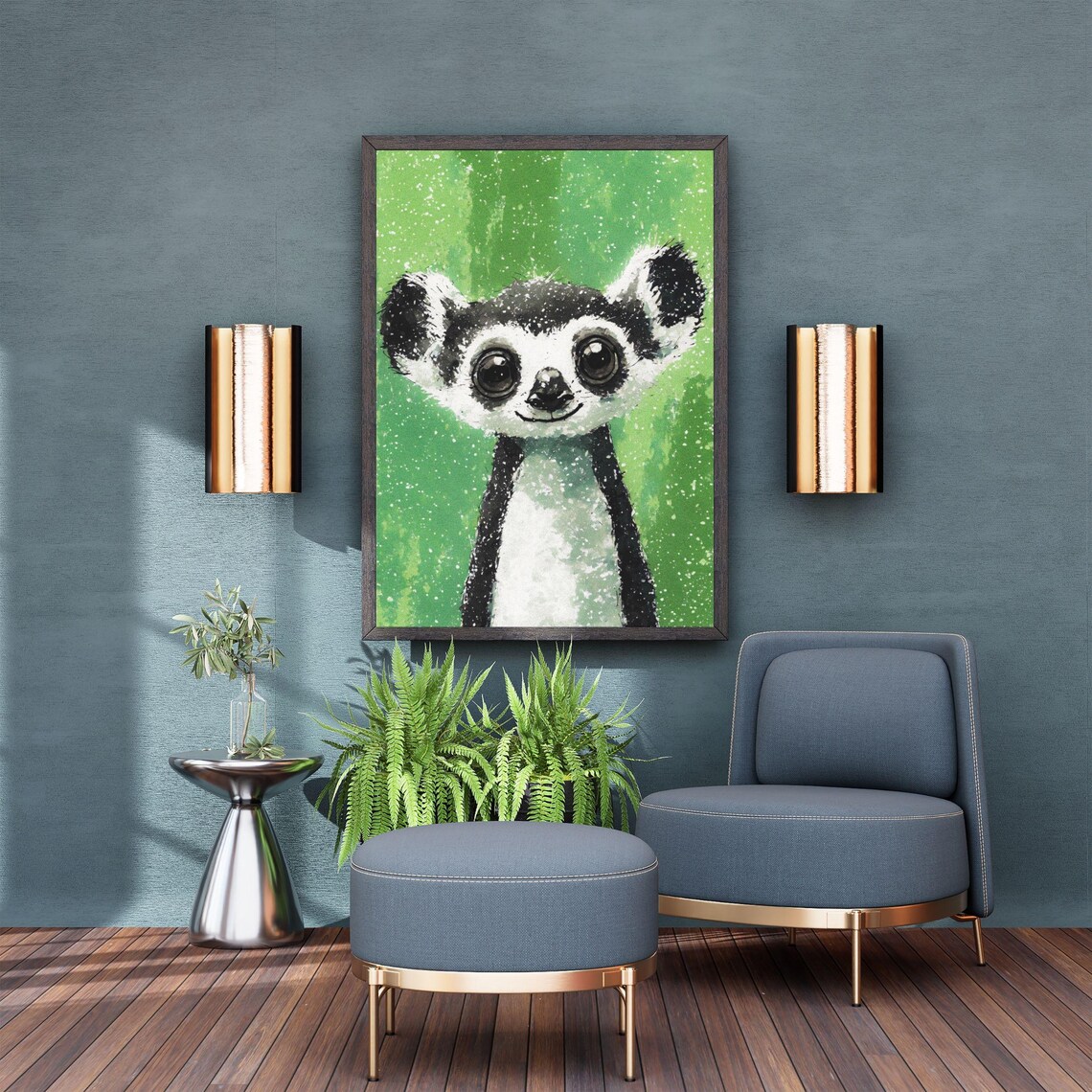 Cute Baby Lemur Big Eyes Green Splatter Nursery Animal Wall Art - Image 4