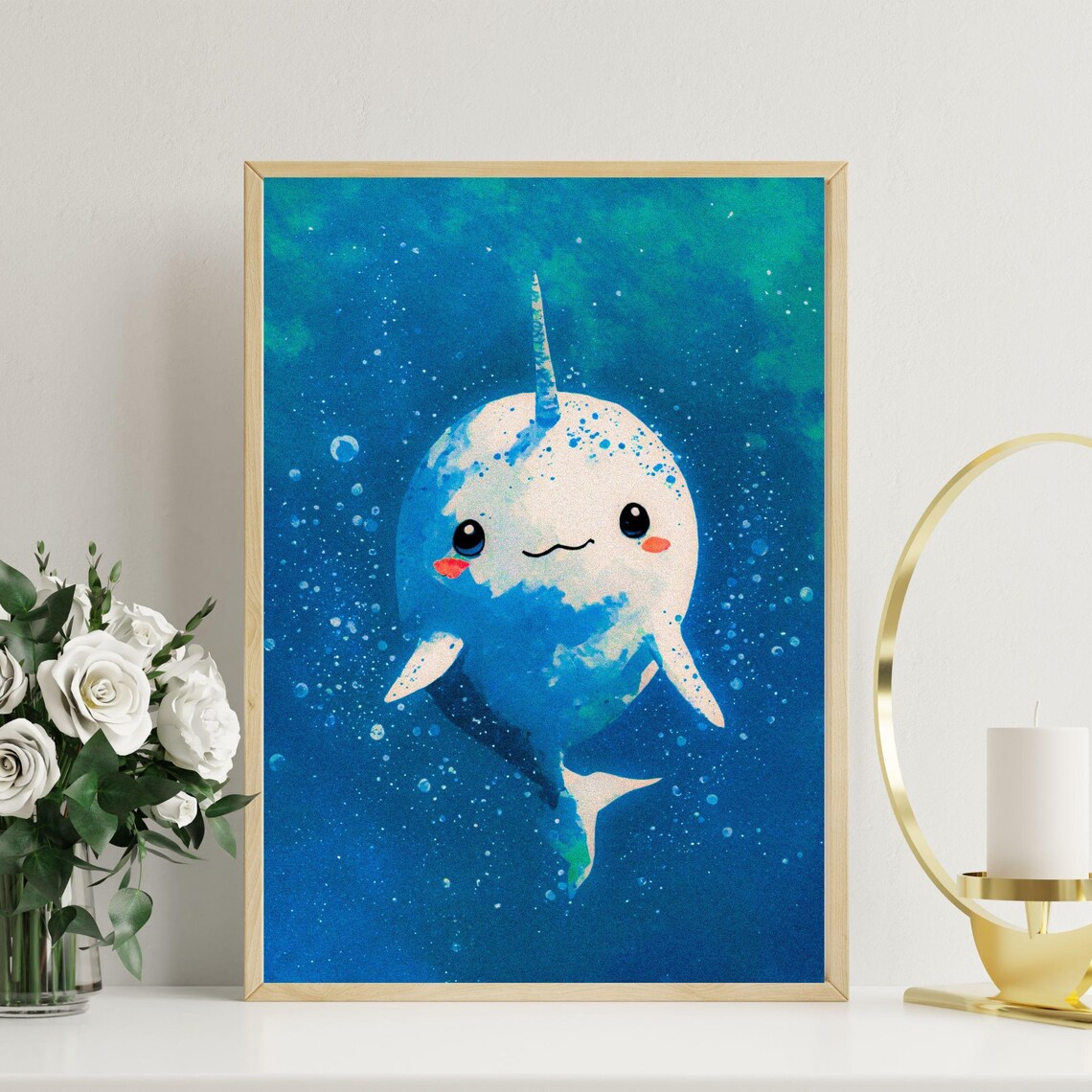 White Baby Narwhal Blue Ocean Nursery Kids Room Animal Wall Art - Image 5