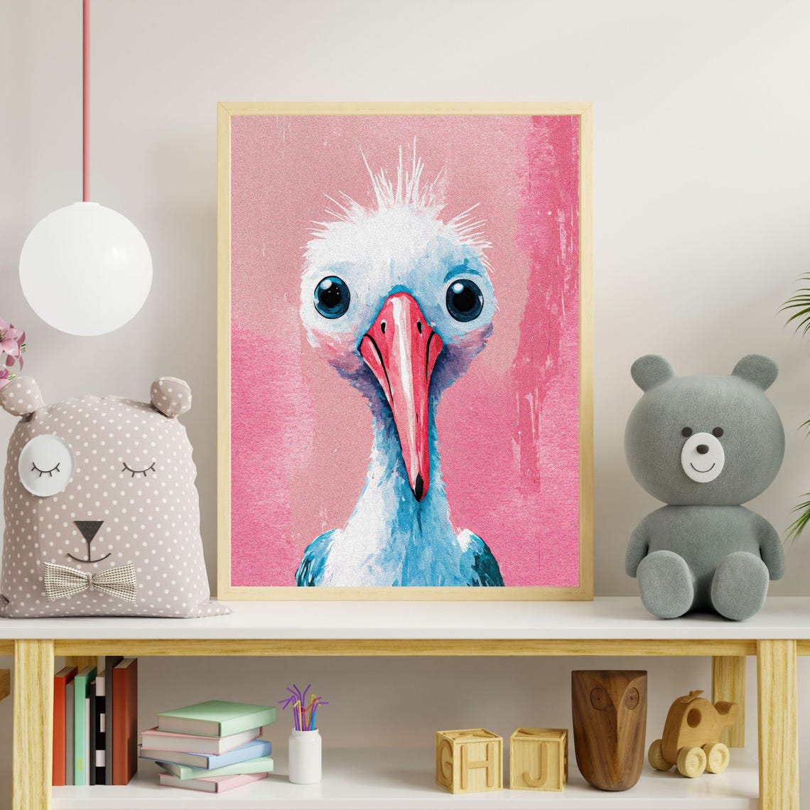 Quirky Blue Stork Pink Background Bird Portrait Nursery Wall Art - Image 4