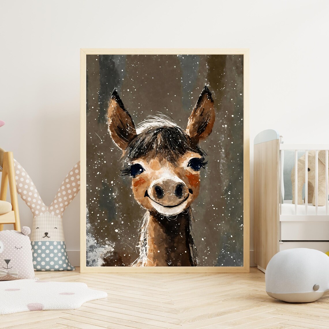 Cute Baby Llama Watercolor Portrait Starry Night Kids Room Art Print - Image 3