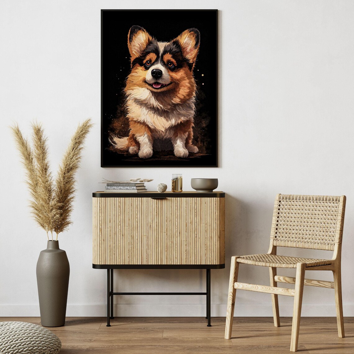 Smiling Tri Color Welsh Corgi Black Background Dog Portrait Poster - Image 7