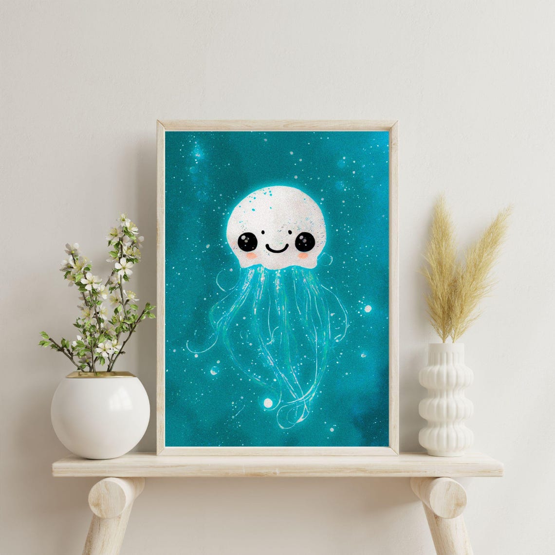 Glowing White Baby Jellyfish Teal Ocean Nursery Kids Wall Art - Image 7