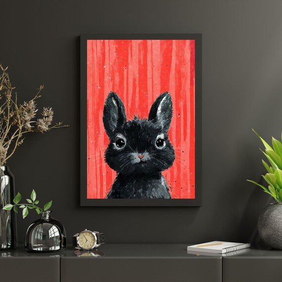 Cute Black Bunny Watercolor Portrait Baby Rabbit Coral Red Art Print