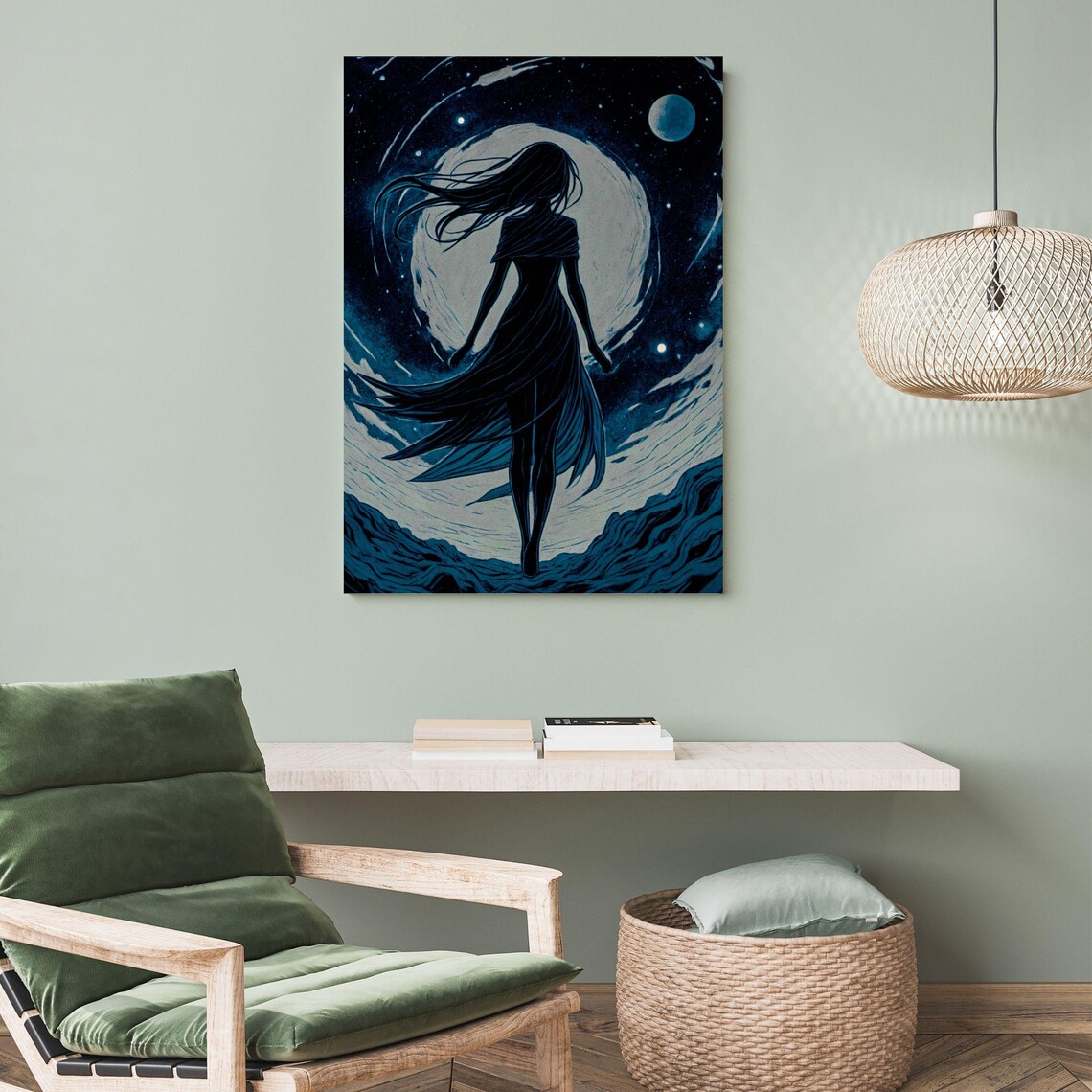 Gloomy Woman Moonlight Silhouette Celestial Stars Night Sky Art Print - Image 4