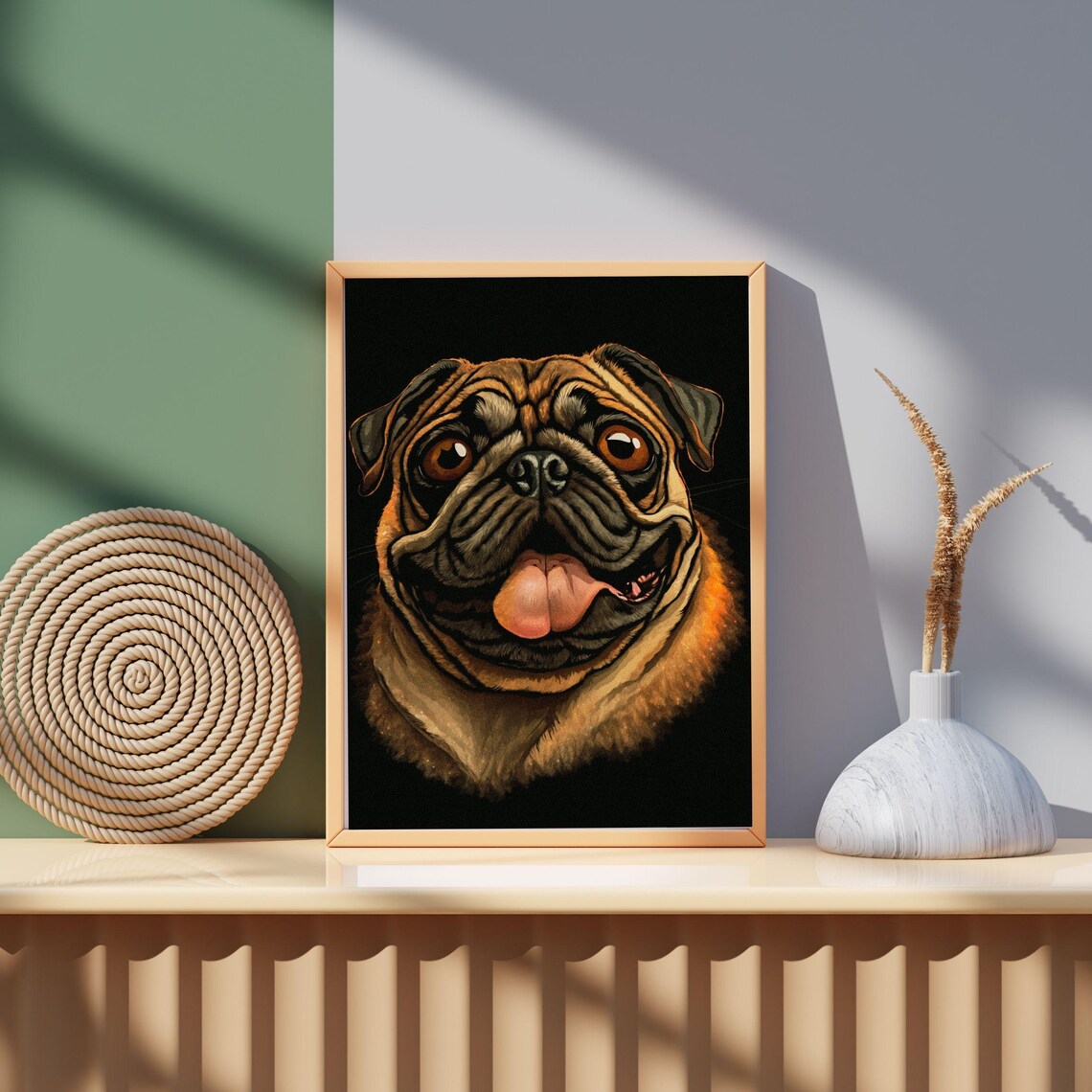 Goofy Happy Pug Tongue Out Black Background Dog Portrait Poster - Image 7