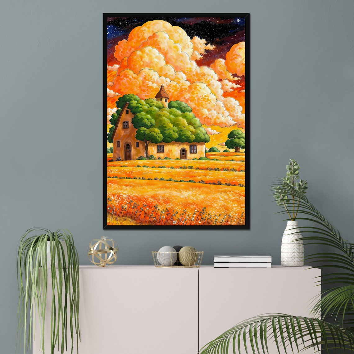 Orange Farmland House Fluffy Clouds Art Beautiful Sunset Sky Kids Room Decor Baby Room Farmhouse Colorful Stars And Nature Art Print - Image 4
